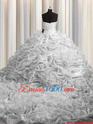 Delicate Court Train Grey Organza Lace Up Quinceanera Gowns Sleeveless Floor Length Beading and Pick Ups