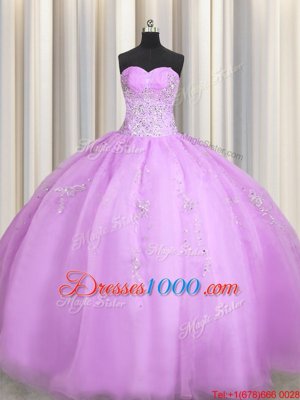 Pretty Lilac Sleeveless Beading and Appliques Floor Length 15th Birthday Dress
