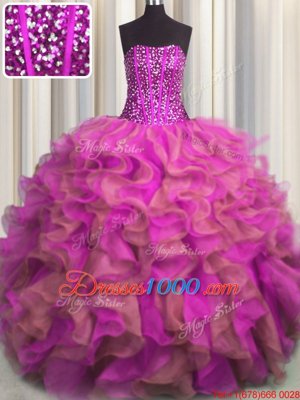 Glittering Leopard V-neck Sleeveless Quinceanera Dress Floor Length Beading and Ruffles Multi-color Organza