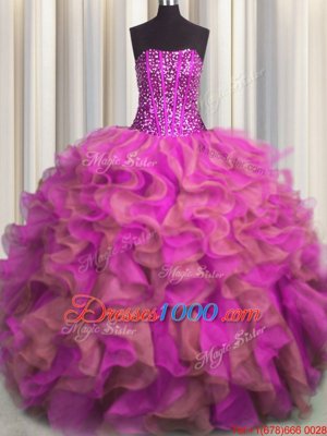 Glittering Leopard V-neck Sleeveless Quinceanera Dress Floor Length Beading and Ruffles Multi-color Organza