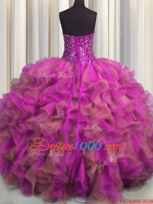 Glittering Leopard V-neck Sleeveless Quinceanera Dress Floor Length Beading and Ruffles Multi-color Organza