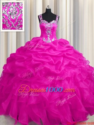 Flare See Through Zipper Up Sleeveless Appliques and Ruffles and Ruffled Layers Zipper Quince Ball Gowns