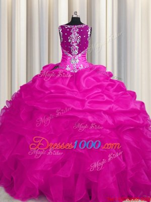 Flare See Through Zipper Up Sleeveless Appliques and Ruffles and Ruffled Layers Zipper Quince Ball Gowns