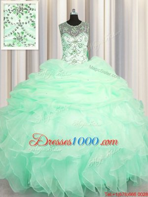 Low Price See Through Apple Green Scoop Neckline Beading and Ruffles and Pick Ups 15th Birthday Dress Sleeveless Lace Up