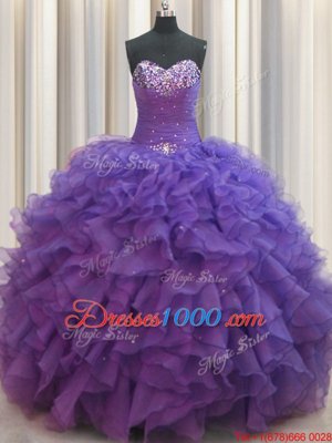 Cute Beaded Bust Purple Lace Up Sweetheart Beading and Ruffles Ball Gown Prom Dress Organza Sleeveless