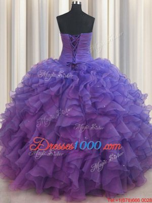 Cute Beaded Bust Purple Lace Up Sweetheart Beading and Ruffles Ball Gown Prom Dress Organza Sleeveless