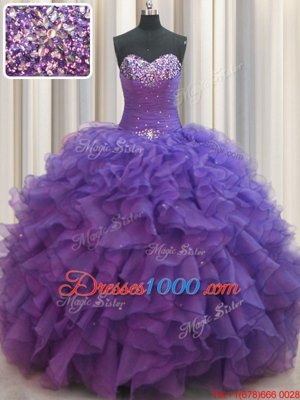 Cute Beaded Bust Purple Lace Up Sweetheart Beading and Ruffles Ball Gown Prom Dress Organza Sleeveless