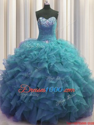 Luxury Beaded Bust Sleeveless Floor Length Beading and Ruffles Lace Up Sweet 16 Dresses with Teal