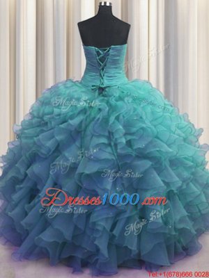 Luxury Beaded Bust Sleeveless Floor Length Beading and Ruffles Lace Up Sweet 16 Dresses with Teal