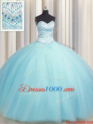 Bling-bling Big Puffy Floor Length Lace Up Quinceanera Gown Aqua Blue and In for Military Ball and Sweet 16 and Quinceanera with Beading