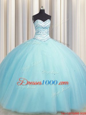 Bling-bling Big Puffy Floor Length Lace Up Quinceanera Gown Aqua Blue and In for Military Ball and Sweet 16 and Quinceanera with Beading