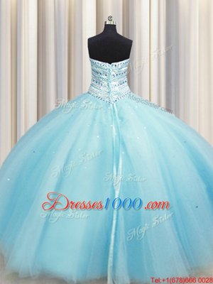 Bling-bling Big Puffy Floor Length Lace Up Quinceanera Gown Aqua Blue and In for Military Ball and Sweet 16 and Quinceanera with Beading