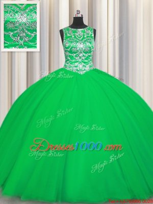 Scoop Floor Length Green Ball Gown Prom Dress Tulle Sleeveless Beading