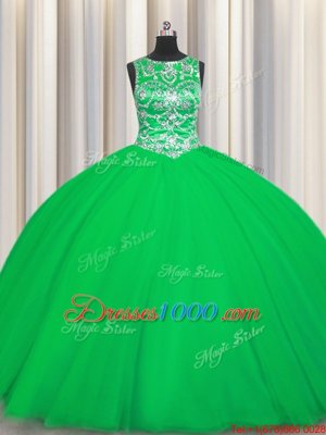 Scoop Floor Length Green Ball Gown Prom Dress Tulle Sleeveless Beading