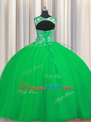 Scoop Floor Length Green Ball Gown Prom Dress Tulle Sleeveless Beading