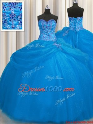 Charming Really Puffy Blue Lace Up Sweetheart Beading 15th Birthday Dress Tulle Sleeveless
