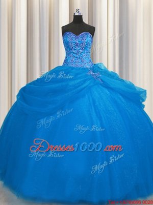 Charming Really Puffy Blue Lace Up Sweetheart Beading 15th Birthday Dress Tulle Sleeveless