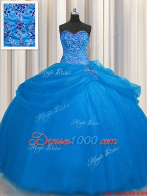 Charming Really Puffy Blue Lace Up Sweetheart Beading 15th Birthday Dress Tulle Sleeveless