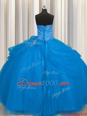 Charming Really Puffy Blue Lace Up Sweetheart Beading 15th Birthday Dress Tulle Sleeveless