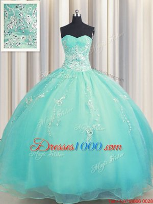 High Quality Zipper Up Floor Length Aqua Blue Quinceanera Gowns Organza Sleeveless Beading and Appliques