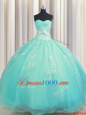 High Quality Zipper Up Floor Length Aqua Blue Quinceanera Gowns Organza Sleeveless Beading and Appliques