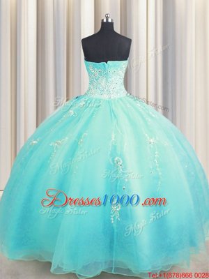 High Quality Zipper Up Floor Length Aqua Blue Quinceanera Gowns Organza Sleeveless Beading and Appliques