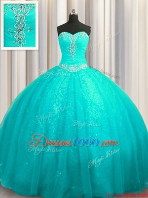 Aqua Blue Lace Up Sweetheart Beading and Appliques Quinceanera Gowns Organza and Sequined Sleeveless Court Train