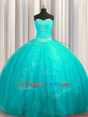 Aqua Blue Lace Up Sweetheart Beading and Appliques Quinceanera Gowns Organza and Sequined Sleeveless Court Train