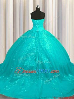 Aqua Blue Lace Up Sweetheart Beading and Appliques Quinceanera Gowns Organza and Sequined Sleeveless Court Train