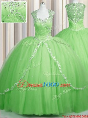 Zipper Up Yellow Green Ball Gowns Sweetheart Cap Sleeves Tulle With Brush Train Zipper Beading and Appliques Quinceanera Dresses