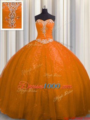 Sophisticated Sequined With Train Lace Up Ball Gown Prom Dress Rust Red and In for Military Ball and Sweet 16 and Quinceanera with Beading and Appliques Court Train