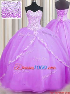 Glorious Sleeveless With Train Beading and Appliques Lace Up Ball Gown Prom Dress with Lilac Brush Train