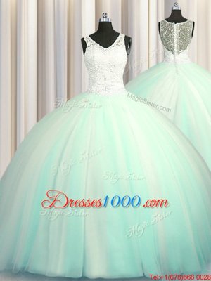 Big Puffy Zipper Up With Train Apple Green Quinceanera Dress Tulle Brush Train Sleeveless Beading and Appliques