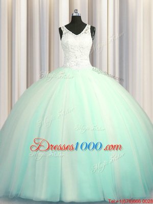 Big Puffy Zipper Up With Train Apple Green Quinceanera Dress Tulle Brush Train Sleeveless Beading and Appliques