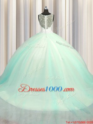 Big Puffy Zipper Up With Train Apple Green Quinceanera Dress Tulle Brush Train Sleeveless Beading and Appliques