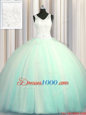 Big Puffy Zipper Up With Train Apple Green Quinceanera Dress Tulle Brush Train Sleeveless Beading and Appliques