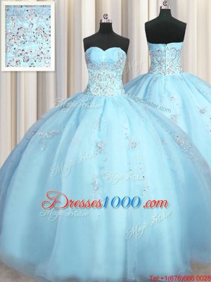Glorious Big Puffy Baby Blue Sleeveless Beading and Appliques Floor Length Quinceanera Dress