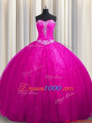 Sequined Fuchsia Quinceanera Dresses Military Ball and Sweet 16 and Quinceanera and For with Beading and Appliques Sweetheart Sleeveless Court Train Lace Up