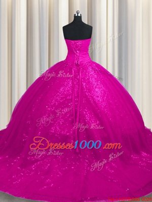 Sequined Fuchsia Quinceanera Dresses Military Ball and Sweet 16 and Quinceanera and For with Beading and Appliques Sweetheart Sleeveless Court Train Lace Up