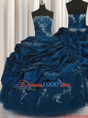 Pick Ups Embroidery Teal Sleeveless Taffeta Lace Up Vestidos de Quinceanera for Military Ball and Sweet 16 and Quinceanera