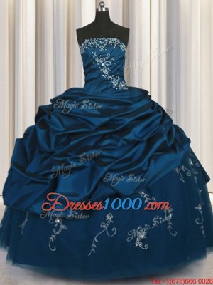 Pick Ups Embroidery Teal Sleeveless Taffeta Lace Up Vestidos de Quinceanera for Military Ball and Sweet 16 and Quinceanera