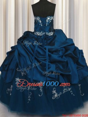 Pick Ups Embroidery Teal Sleeveless Taffeta Lace Up Vestidos de Quinceanera for Military Ball and Sweet 16 and Quinceanera
