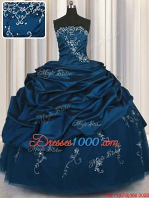 Pick Ups Embroidery Teal Sleeveless Taffeta Lace Up Vestidos de Quinceanera for Military Ball and Sweet 16 and Quinceanera