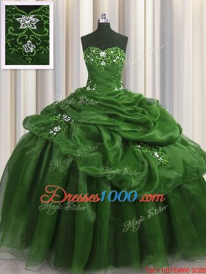 Smart Sweetheart Sleeveless Vestidos de Quinceanera Floor Length Beading and Appliques and Pick Ups Green Organza