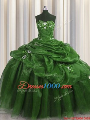 Smart Sweetheart Sleeveless Vestidos de Quinceanera Floor Length Beading and Appliques and Pick Ups Green Organza