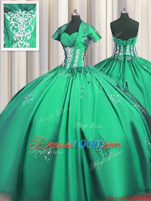 Turquoise Taffeta Lace Up Sweetheart Short Sleeves Floor Length Quinceanera Gowns Beading and Appliques and Ruching