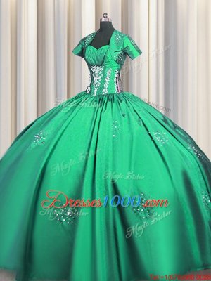 Turquoise Taffeta Lace Up Sweetheart Short Sleeves Floor Length Quinceanera Gowns Beading and Appliques and Ruching