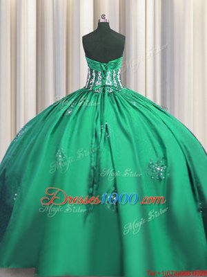 Turquoise Taffeta Lace Up Sweetheart Short Sleeves Floor Length Quinceanera Gowns Beading and Appliques and Ruching