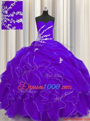 Purple Ball Gowns Beading and Appliques and Ruffles Vestidos de Quinceanera Lace Up Organza Sleeveless Floor Length
