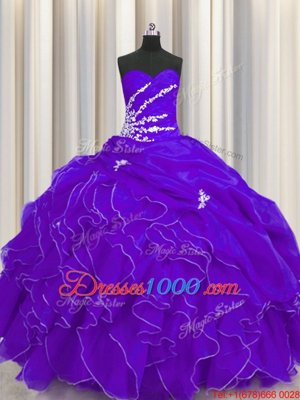 Purple Ball Gowns Beading and Appliques and Ruffles Vestidos de Quinceanera Lace Up Organza Sleeveless Floor Length